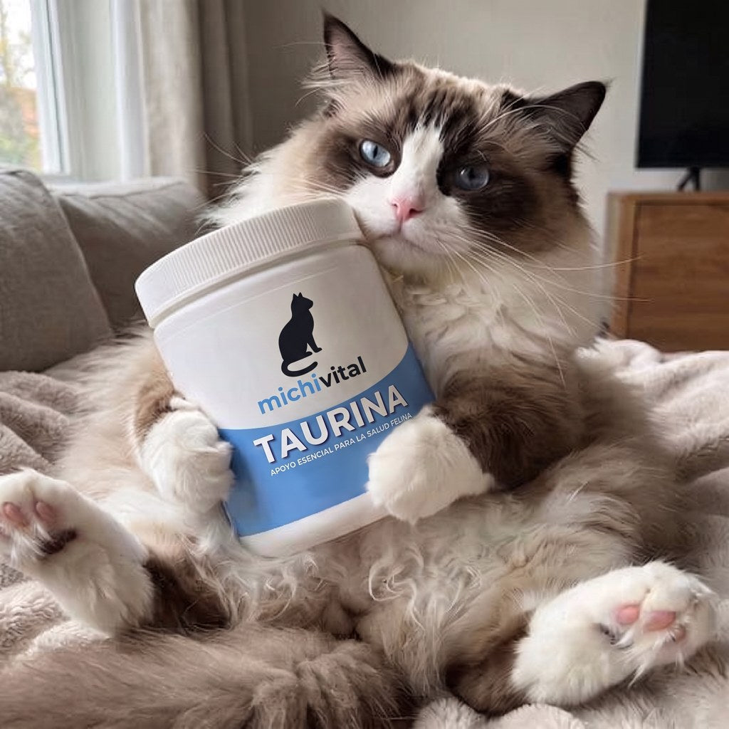 Gato abrazando el bote de Taurina MichiVital